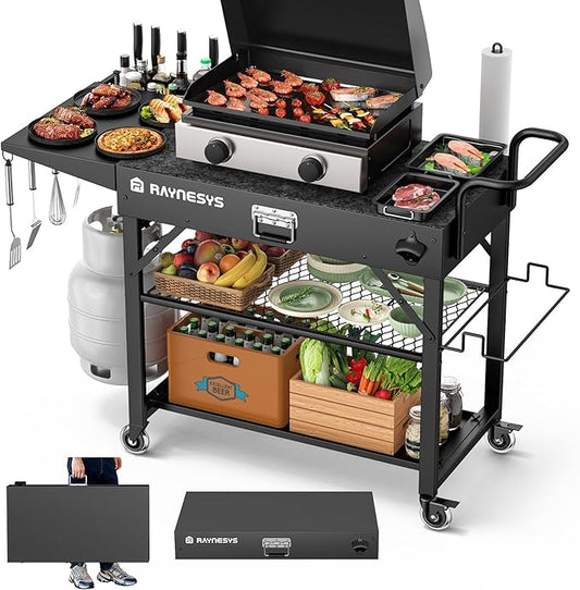 Raynesys Outdoor Grill Cart, 440lbs Outdoor Grill Table, 31x17 inch Blackstone Griddle Stand, Portable Folding Cart with Wheels, 2-Tier Storage Rack & Side Storage Box (Black)