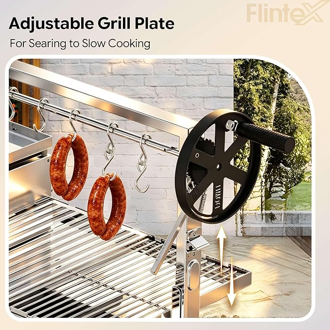 Flintex Argentine Santa Maria Grill, Wood & Charcoal Parrilla BBQ Brasero Grill with Asado Tools, Multi-Function Adjustable Height, Easy Clean with Ash & Grease Collector, Ideal for Asado, Backyard