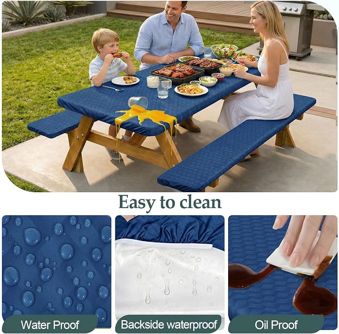 Picnic Table Cover with Bench Covers Camping Essentials Waterproof Windproof Camping Tablecloth with Drawstring Bag, Fitted Rectangle Tables and Seats, 96in, Deep Blue