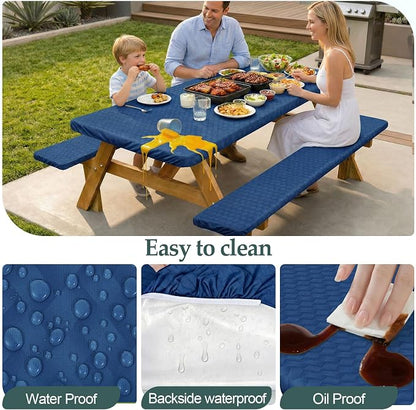 Picnic Table Cover with Bench Covers Camping Essentials Waterproof Windproof Camping Tablecloth with Drawstring Bag, Fitted Rectangle Tables and Seats, 96in, Deep Blue