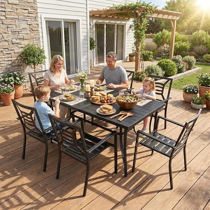 Patio Dining Table for 6 People, 60" Outdoor Modern Rectangular Wrought Iron Metal Table with Umbrella Hole and Unique Reinforced Stability for Garden, Backyard, Deck, Porch