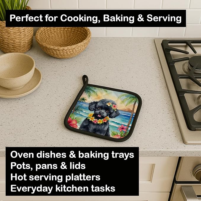 Caroline's Treasures Black Poodle Luau Pair of Pot Holders Kitchen Heat Resistant Pot Holders Sets Oven Hot Pads for Cooking Baking BBQ, 7 1/2 x 7 1/2