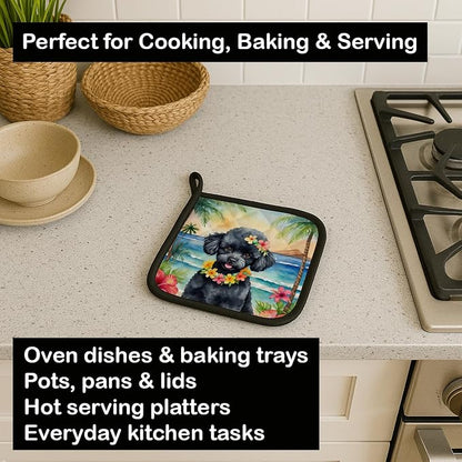 Caroline's Treasures Black Poodle Luau Pair of Pot Holders Kitchen Heat Resistant Pot Holders Sets Oven Hot Pads for Cooking Baking BBQ, 7 1/2 x 7 1/2