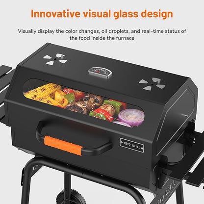 KEYO GRILL 23-Inch Movable Charcoal Grill, High Temperature Resistant Glass Barrel Charcoal Grills with Adjustable Vents, Warming Rack Outdoor BBQ Grills for Backyard, Patio and Parties, Black