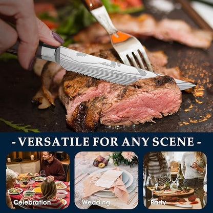 PURPLEBIRD Steak knives Set of 6, Serrated Steak Knife Set 4.5 Inch, Japanese High Carbon Steel Kitchen Steak Knife, Sharp Steak Knives with Wood Handle, Dinner Knife with Gift Box for Mom Dad