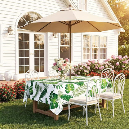 Poise3EHome Outdoor Tablecloth Rectangle with Umbrella Hole Waterproof Tropical Green Tablecloth for Spring Picnic Party Patio Table Camping, Palm Leaf (52X70 Zipper)