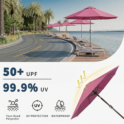 9FT Patio Umbrella Outdoor Table Umbrella w/Push Button Tilt and Crank, 8 Sturdy Ribs, UV Resistant Waterproof Market Umbrella for Pool, Deck, Backyard, Garden, Rose Pink