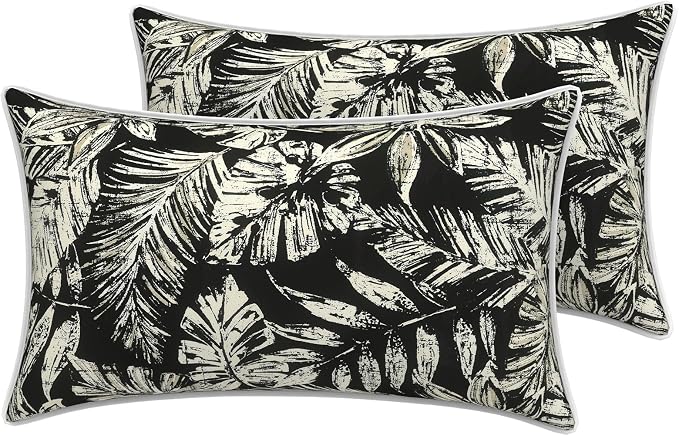 LVTXIII 2 Pack Outdoor Lumbar Pillow Covers 12x20 Inch with Piping, Water-Repellent Back Cushion Covers ONLY for Patio Furniture, Sofa, Garden Bench, Tropical Leaf Black