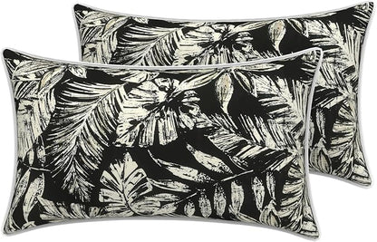 LVTXIII 2 Pack Outdoor Lumbar Pillow Covers 12x20 Inch with Piping, Water-Repellent Back Cushion Covers ONLY for Patio Furniture, Sofa, Garden Bench, Tropical Leaf Black