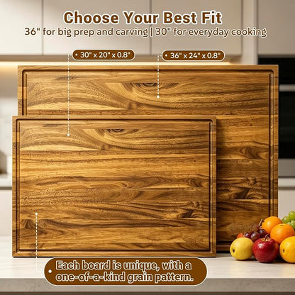 Sentsu Extra Large Acacia Wood Cutting Board 36 x 24 in, Deep Juice Groove | 100% solid acacia, handles, carving, serving, noodle board and countertop extender for turkey, brisket and BBQ