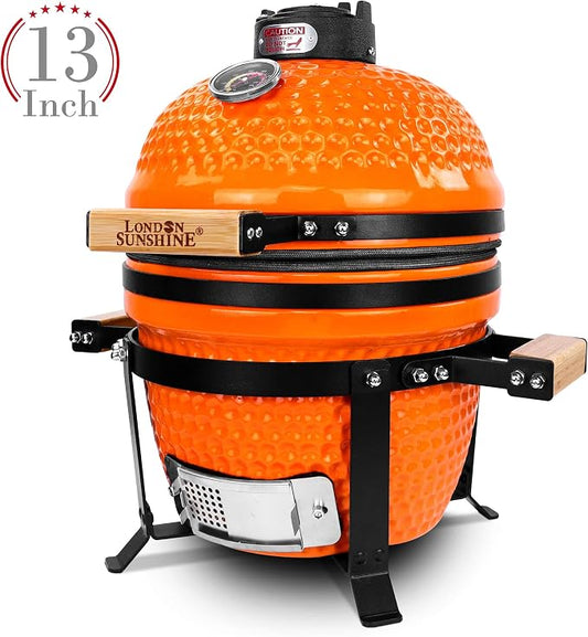 London Sunshine Ceramic Charcoal BBQ Kamado Grill Smoker - Portable Tabletop Cadet Series -Orange