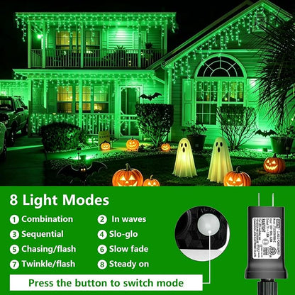 YEGUO 66ft 800 LED Icicle Lights Outdoor Waterproof, 160 Drops Halloween Lights Connectable, 8 Modes Icicle Christmas Light with Memory(Green)