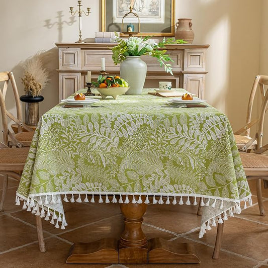 AIRCOWRIE Cotton Linen Tablecloth for Rectangle Tables, Heavy Duty Wrinkle Free Water Resistant Washable Cloth Dining Table Cover for Kitchen and Outdoor Use(Green Plant, 54”×78”, Rectangle)