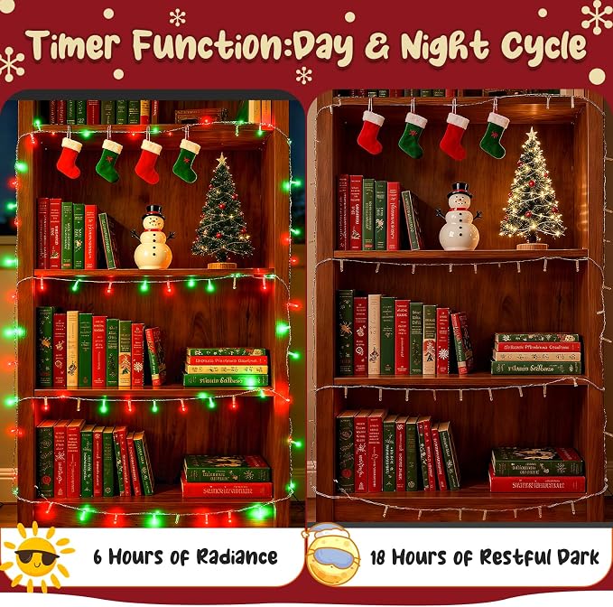 cshare Red and Green Christmas Lights Outdoor Waterproof 9.8ft 30 LED, String Lights Battery Operated with Timer Clear Wire for Indoor & Outdoor Christmas Decorations Garland Party Garden