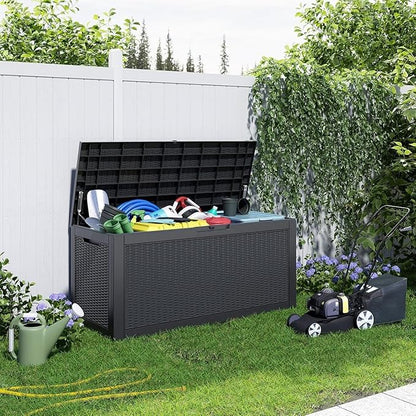 PatioZen 120 Gallon Deck Box,Resin Outdoor Storage Box with Lockable for Patio Furniture, Pool Accessories, Garden Tools Waterproof Outside Storage Box, Black