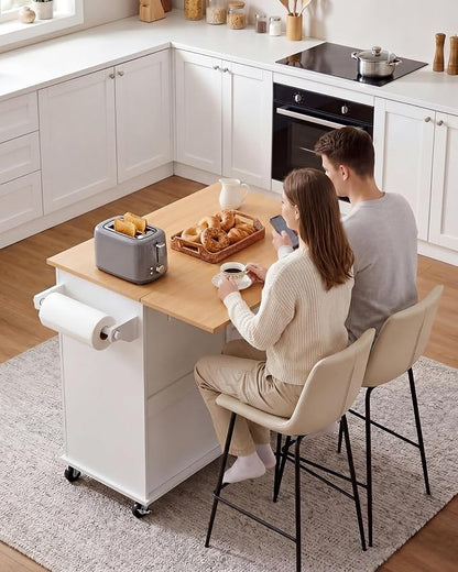 VEVOR Kitchen Island Cart with Storage, 43.58 in Wide Mobile Rolling Storage Island on Swivel Wheels, with 2 Drawers, Storage Cabinet, Drop Leaf, Spice/Towel Rack, Table for Home Dining Room, White