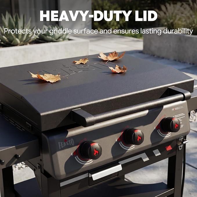 Feasto 28-Inch 3 Burner Propane Flat Top Grill with Hood and Side Burner | 550 Sq. In. Outdoor Griddle with Protective Hood, 37,500 BTU Main Burners, 13,000 BTU Lidded Side Burner, Folding Side Table