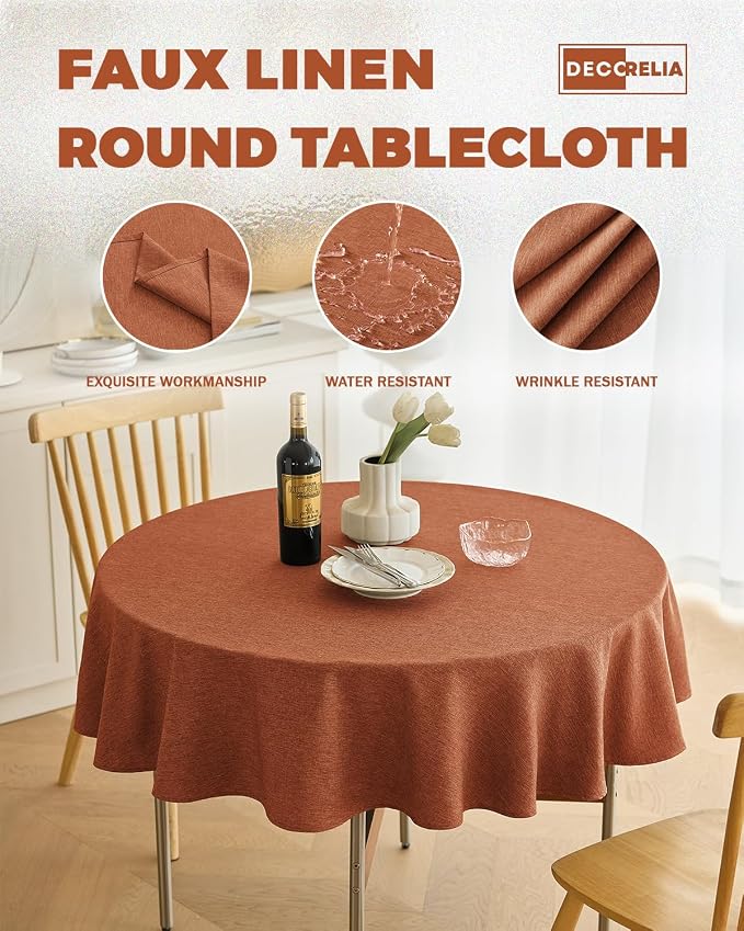 Decorelia Fall Round Tablecloth 60 Inch for Indoor/Outdoor, Burnt Orange | Farmhouse Harvest Thanksgiving Faux Linen Washable Table Cloth Cover for Party Dining & Kitchen Table Decor