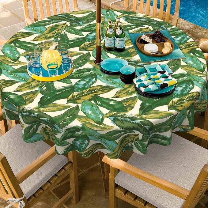 Outdoor/Indoor Round Tablecloth with Umbrella Hole Zipper, Decorative Circular Table Cover for Home Garden, 60 Inch, Lush Leaf Jungle