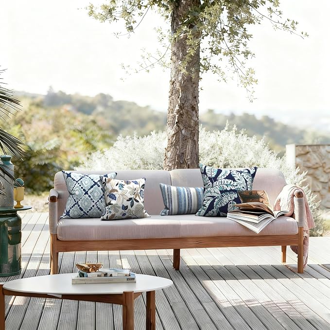 LVTXIII 2 Pack Outdoor Pillow Covers ONLY 18x18 Inch, Water-Repellent Square Decorative Cushion Covers for Patio Furniture, Garden, Sofa, Boho Geometry Blue