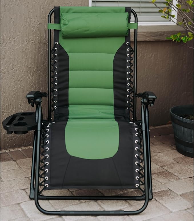 Backyard Expressions Deluxe XL Padded Recliner Zero Gravity Chair – Ergonomic Anti-Gravity Lounger with Folding Design, Side Tray, and Adjustable Headrest