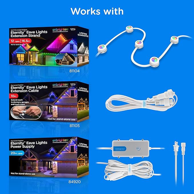 Enbrighten Vibe Eternity Permanent Outdoor Lights for House, 50ft, 36 RGBWIC LEDs, Close Spacing, 33lm, Color Changing, Christmas, Eave Lighting, Smart App, Works with Alexa, Google Home, 81102