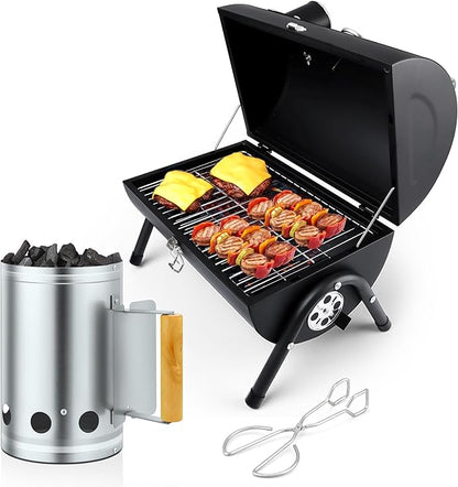 Joyfair Portable Charcoal Grill & Charcoal Chimney Starter, Small Tabletop Barbecue Grill for Outdoor Camping Backyard Party BBQ Cooking, Fire Starter with Clamp Set
