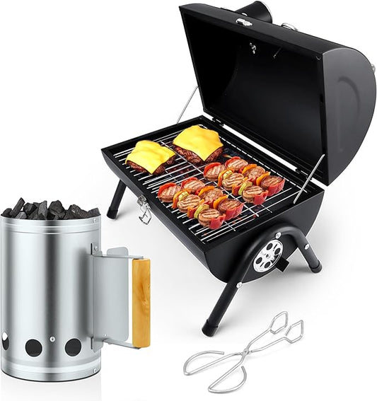 Joyfair Portable Charcoal Grill & Charcoal Chimney Starter, Small Tabletop Barbecue Grill for Outdoor Camping Backyard Party BBQ Cooking, Fire Starter with Clamp Set