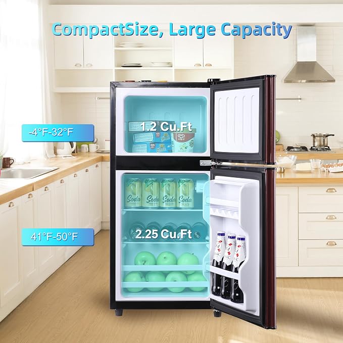 Dorm Fridge with Freezer, Small Refrigerator 3.45 Cu. Ft. with Freezer | 7-Level Temperature Adjustable Apartment Size Fridge with Removable Shelves for Kichen, College, Office, Apartment, Wood