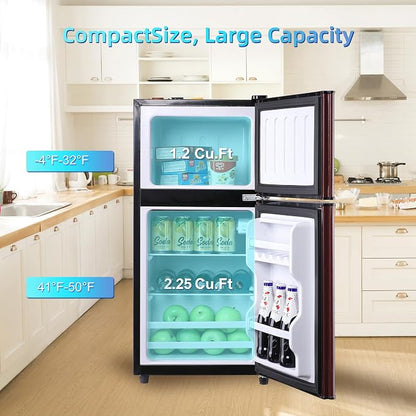 Dorm Fridge with Freezer, Small Refrigerator 3.45 Cu. Ft. with Freezer | 7-Level Temperature Adjustable Apartment Size Fridge with Removable Shelves for Kichen, College, Office, Apartment, Wood