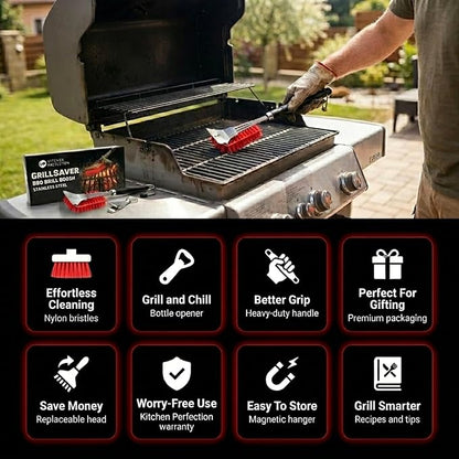 KITCHEN PERFECTION Nylon GrillSaver - Safe BBQ Grill Brush with Replaceable Cleaning Head -Heavy-Duty Grill Cleaner w/Scraper for Porcelain & Ceramic Grates, Includes Magnetic Hanger & Bottle Opener