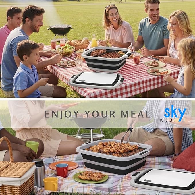 Collapsible BBQ Prep Tub with Lid - XL 4.22 GAL Folding Cutting Board & Food Basin for Outdoor Cooking, Marinating Container, Space Saving Prep Station (Black)