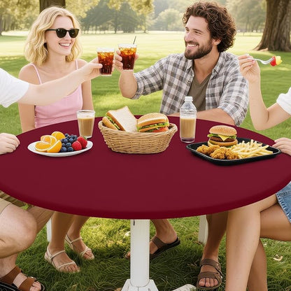 Smiry Round Spandex Tablecloth, Elastic Fitted Washable Tablecloths for 36"-44" Tables, Waterpoof Stretch Picnic Table Cover for Dining, Indoor and Outdoor, Wine Red