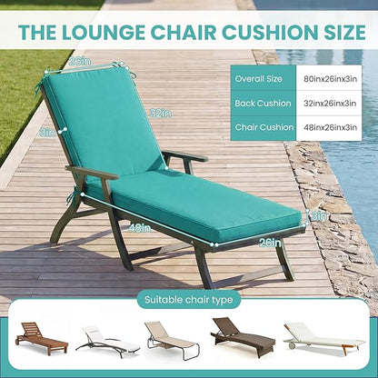 Chaise Lounge Cushions Outdoor, 80 x 26 Inch Water & Fade-Resistant Patio Furniture Lounge Cushion, Beach Umbrella Lounger Chair Replacement Cushion with Removable Cover Pad, Lake Blue