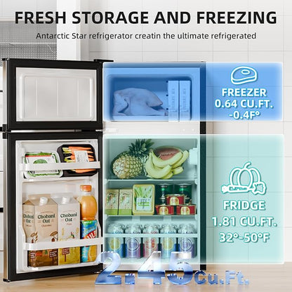 Antarctic Star Mini Fridge with Freezer, Double Door Compact Refrigerator, Adjustable Thermostat, Small Fridge for Bedroom Office Dorm Apartment, 2.45 Cu.Ft Silver