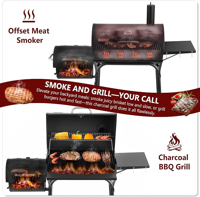 Charcoal Grill with Offset Smoker, 744.5 Sq. In. Outdoor BBQ Grill | Side fire box, 4-position adjustable charcoal pan, thermometer, warming rack, side table, wheels and storage rack