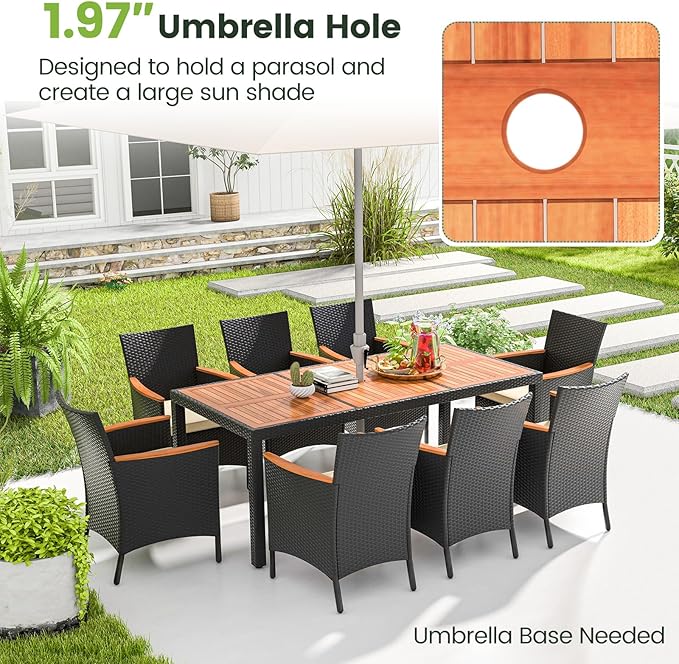 COSTWAY 9-Piece Patio Dining Set for 8, Outdoor Rattan Wicker Table and Chairs Furniture Set with Umbrella Hole, Acacia Wood Tabletop for Backyard, Balcony, Poolside, Black & Beige