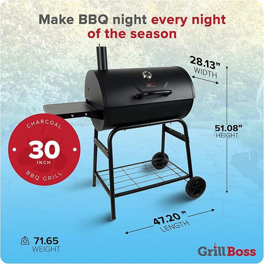 Grill Boss 30 Inch Barrel Charcoal Grill with Adjustable Grate, Large Cooking Area, Built In Temperature Gauge, and Durable Cast Iron Grates, Black