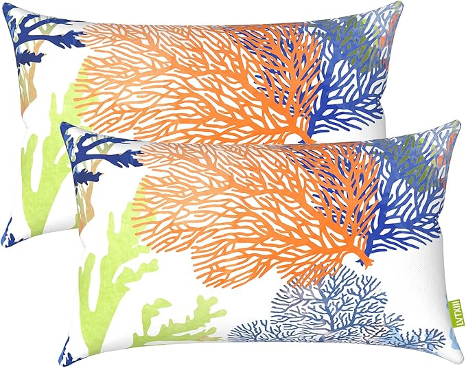 LVTXIII Outdoor/Indoor Lumbar Pillow Covers, Patio Fade Resistant Lumbar Pillow Cases ONLY, Tropical Lumbar Cushion Covers for Home and Garden Furniture Decor,12” x 20”, Pack of 2, Coral Multi