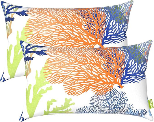 LVTXIII Outdoor/Indoor Lumbar Pillow Covers, Patio Fade Resistant Lumbar Pillow Cases ONLY, Tropical Lumbar Cushion Covers for Home and Garden Furniture Decor,12” x 20”, Pack of 2, Coral Multi