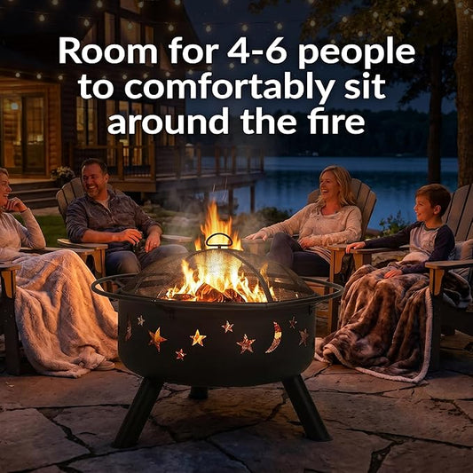 Sunnydaze Cosmic 30-Inch Outdoor Fire Pit with Grill Grate, Spark Screen, and Fireplace Poker - Round Steel Metal Wood-Burning Outside Firepit for Patio, Backyard, Porch, Deck - Bronze