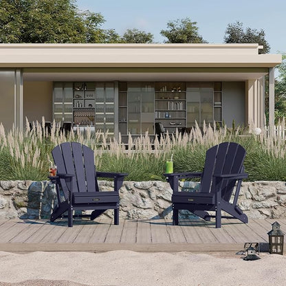 Ciokea Folding Adirondack Chairs Set of 4, Patio Adirondack Chair Weather Resistant, Plastic Fire Pit Chair with Cup Holder, Lawn Chair for Outdoor Porch Garden Backyard Deck, Dark Navy Blue