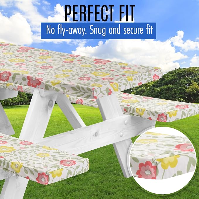 Premium Picnic Table Cover with Bench Covers Vinyl Fitted picnic table covers with Elastic RV Camping Accessories and Camper must haves Waterproof (Floral, 96 x 30(8ft) with skewers