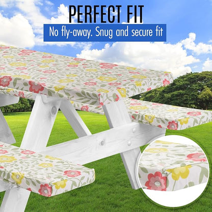 Premium Picnic Table Cover with Bench Covers Vinyl Fitted picnic table covers with Elastic RV Camping Accessories and Camper must haves Waterproof (Floral, 96 x 30(8ft) with skewers