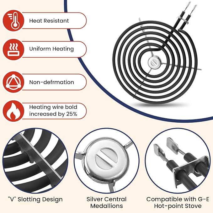Electric Stove Burners and Porcelain Drip Pans Set Compatible with G-E Hot-point Stoves, Includes WB31M20 WB31M19 Black Stove Drip Pans & WB30M1 WB30M2 Electric Range Burner Elements by Fetechmate