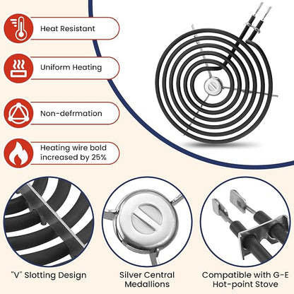 Electric Stove Burners and Porcelain Drip Pans Set Compatible with G-E Hot-point Stoves, Includes WB31M20 WB31M19 Black Stove Drip Pans & WB30M1 WB30M2 Electric Range Burner Elements by Fetechmate
