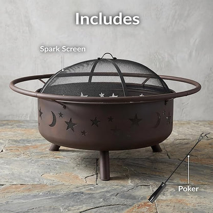 Sunnydaze Cosmic 42-Inch Large Outdoor Fire Pit - Wood-Burning Firepit for Outside Patio, Backyard, Deck - Steel - Wood Grate, Spark Screen, and Fireplace Poker Included - Bronze - 31” Bowl Diameter