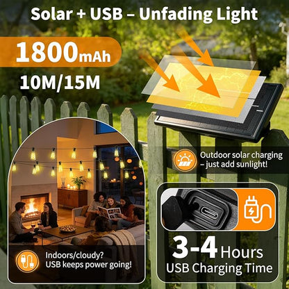 Solar Lights Outdoor Waterproof: ST38 50FT 15M Shatterproof Bulbs Patio Lights - Solar Powered & USB Charging- Remote Control 3 Light Modes Dimmable Solar Light - Camping Backyard Garden