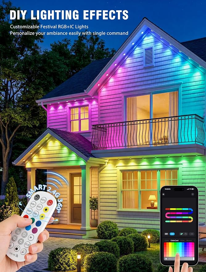 Permanent Outdoor Lights for House,150FT RGB+IC Smart Lights | 90 LEDs,App/Remote Control,IP67 Waterproof,DIY Color-Changing String Lights For Eaves,Xmas,Halloween And Party Decor