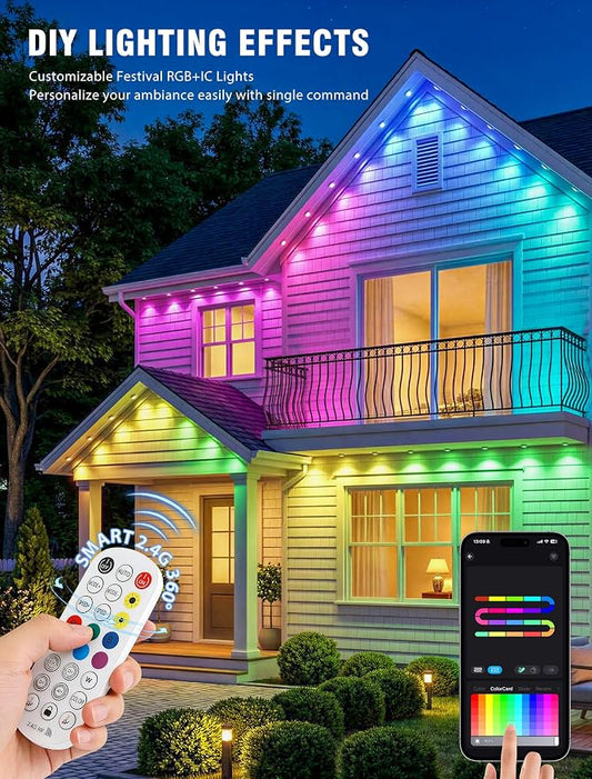 Permanent Outdoor Lights for House,150FT RGB+IC Smart Lights | 90 LEDs,App/Remote Control,IP67 Waterproof,DIY Color-Changing String Lights For Eaves,Xmas,Halloween And Party Decor